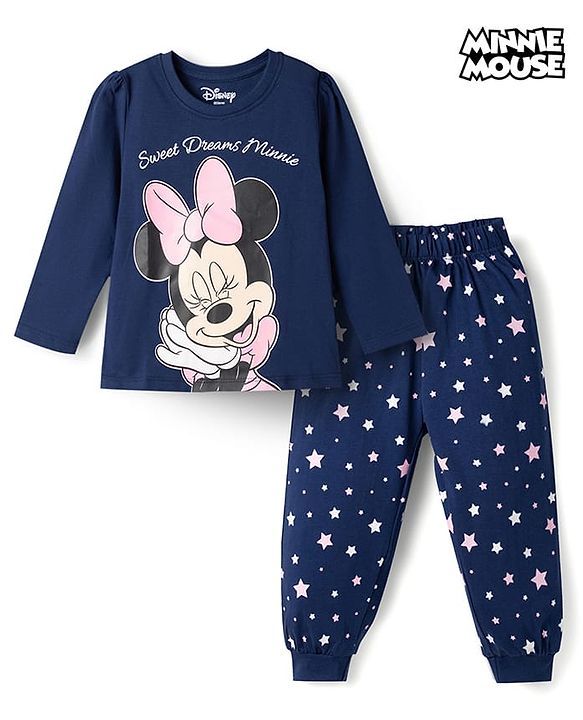Babyhug Disney Single Jersey Knit Full Sleeves T-shirt & Pyjama Night Suit With Minnie Mouse Graphic & Star Print -Navy Blue