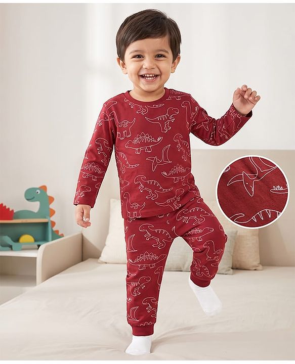 Babyhug 100% Cotton Knit Full Sleeves Co-Ords T-Shirt & Pajama Night Suit With Dino Print -Maroon