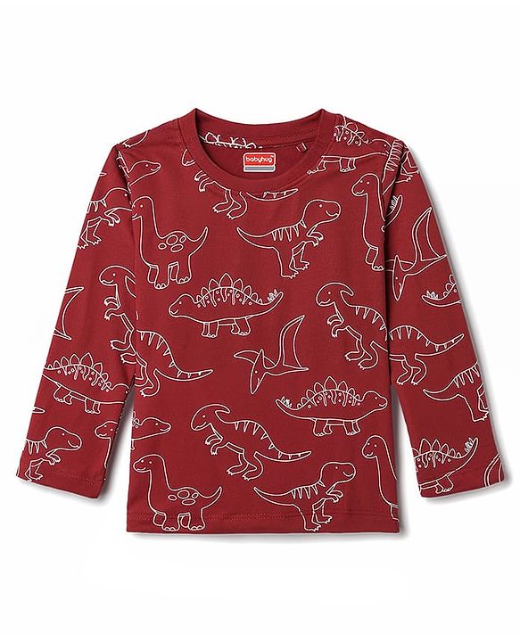 Babyhug 100% Cotton Knit Full Sleeves Co-Ords T-Shirt & Pajama Night Suit With Dino Print -Maroon
