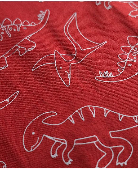 Babyhug 100% Cotton Knit Full Sleeves Co-Ords T-Shirt & Pajama Night Suit With Dino Print -Maroon