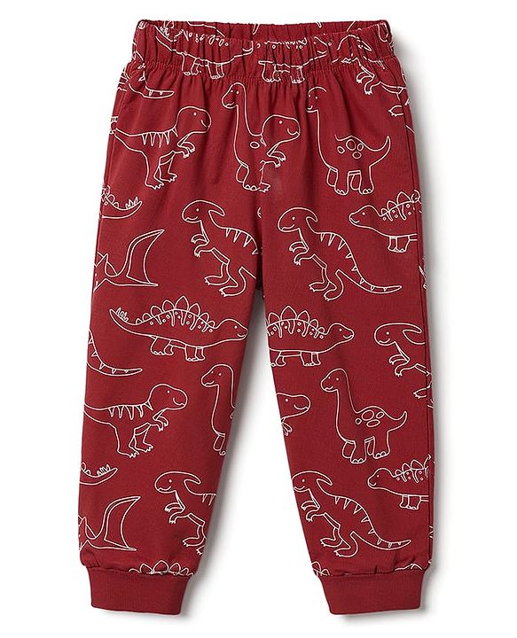 Babyhug 100% Cotton Knit Full Sleeves Co-Ords T-Shirt & Pajama Night Suit With Dino Print -Maroon