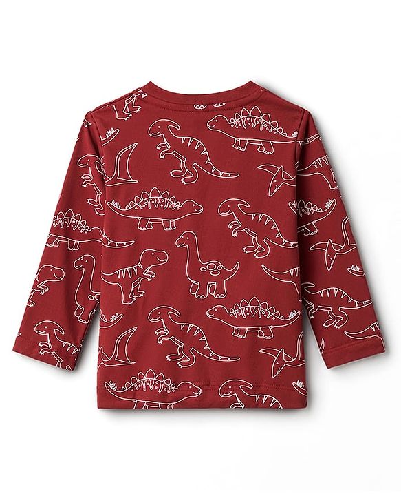 Babyhug 100% Cotton Knit Full Sleeves Co-Ords T-Shirt & Pajama Night Suit With Dino Print -Maroon