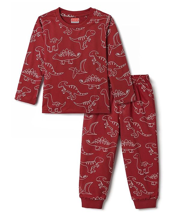 Babyhug 100% Cotton Knit Full Sleeves Co-Ords T-Shirt & Pajama Night Suit With Dino Print -Maroon