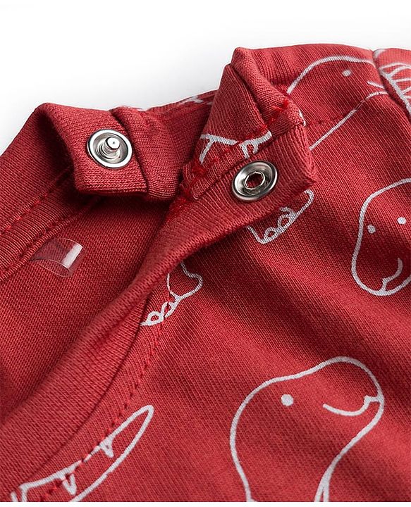 Babyhug 100% Cotton Knit Full Sleeves Co-Ords T-Shirt & Pajama Night Suit With Dino Print -Maroon