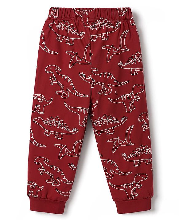 Babyhug 100% Cotton Knit Full Sleeves Co-Ords T-Shirt & Pajama Night Suit With Dino Print -Maroon