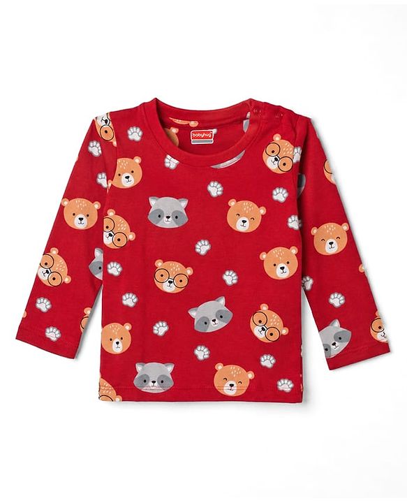 Babyhug 100% Cotton Knit Full Sleeves Bear Printed Co-Ords T-Shirt & Pyjama Night Suit - Maroon