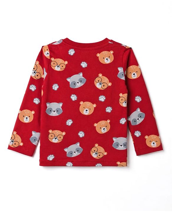 Babyhug 100% Cotton Knit Full Sleeves Bear Printed Co-Ords T-Shirt & Pyjama Night Suit - Maroon
