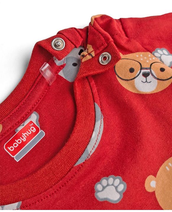 Babyhug 100% Cotton Knit Full Sleeves Bear Printed Co-Ords T-Shirt & Pyjama Night Suit - Maroon