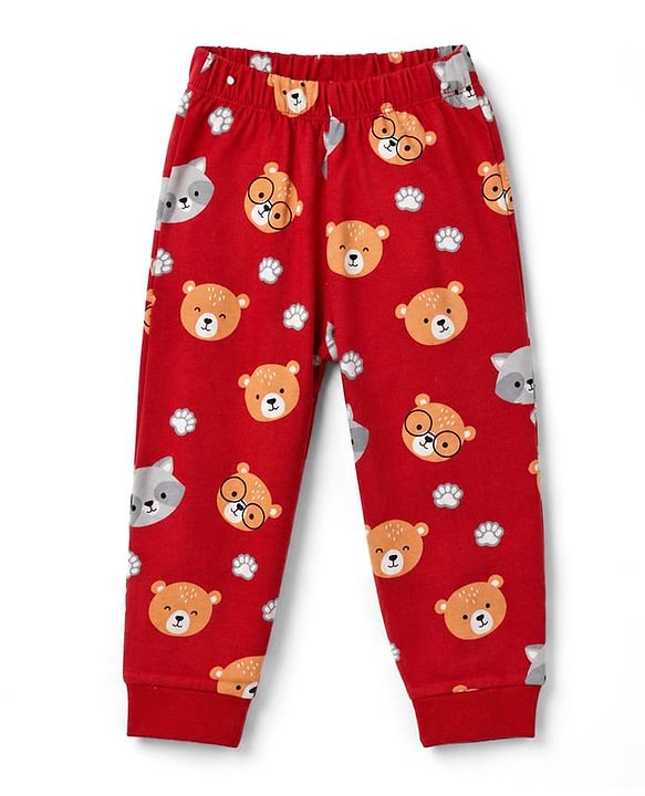 Babyhug 100% Cotton Knit Full Sleeves Bear Printed Co-Ords T-Shirt & Pyjama Night Suit - Maroon