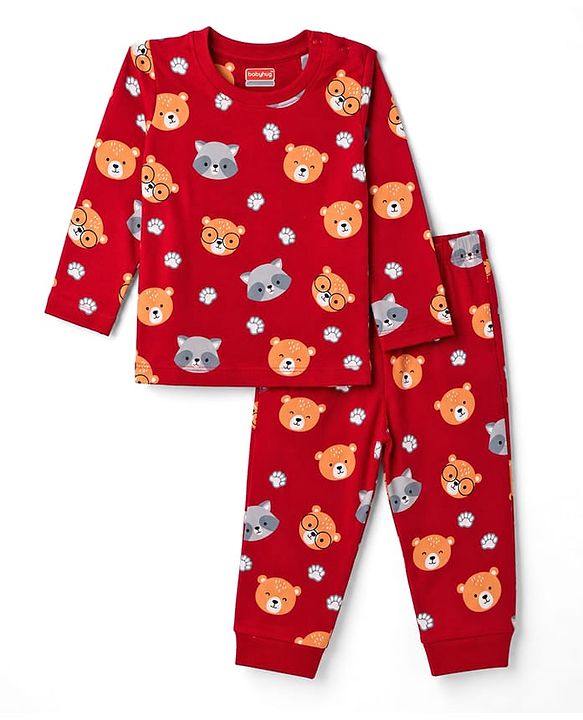 Babyhug 100% Cotton Knit Full Sleeves Bear Printed Co-Ords T-Shirt & Pyjama Night Suit - Maroon