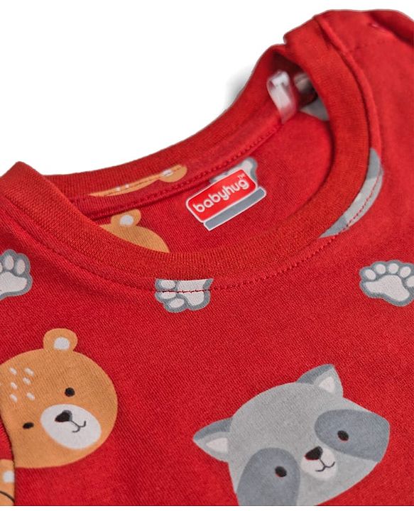 Babyhug 100% Cotton Knit Full Sleeves Bear Printed Co-Ords T-Shirt & Pyjama Night Suit - Maroon