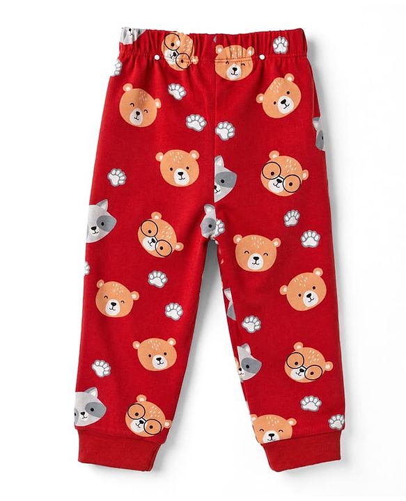 Babyhug 100% Cotton Knit Full Sleeves Bear Printed Co-Ords T-Shirt & Pyjama Night Suit - Maroon