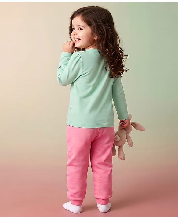Babyhug Disney Single Jersey Knit Full Sleeves T-Shirt & Pyjama Night Suit With Stitch & Angel Graphic - Pink & Light Green