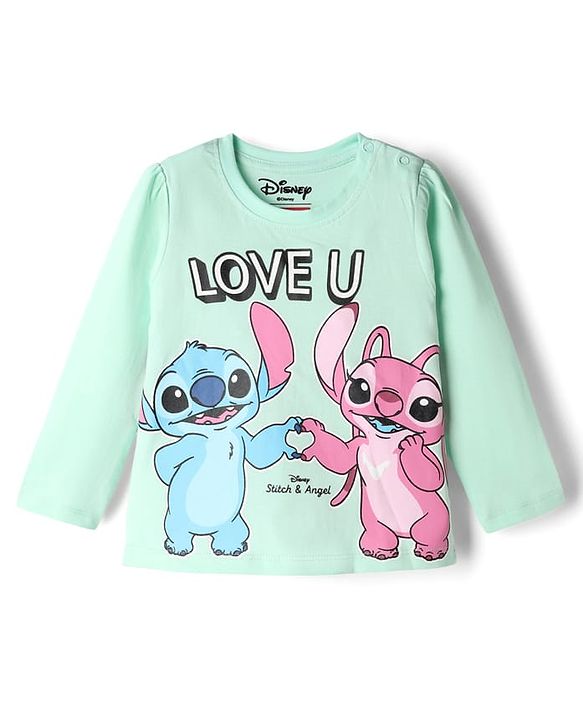 Babyhug Disney Single Jersey Knit Full Sleeves T-Shirt & Pyjama Night Suit With Stitch & Angel Graphic - Pink & Light Green