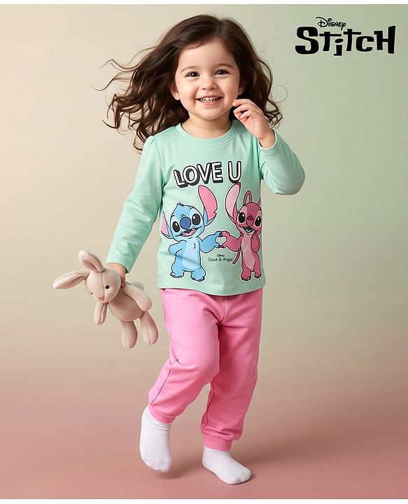 Babyhug Disney Single Jersey Knit Full Sleeves T-Shirt & Pyjama Night Suit With Stitch & Angel Graphic - Pink & Light Green