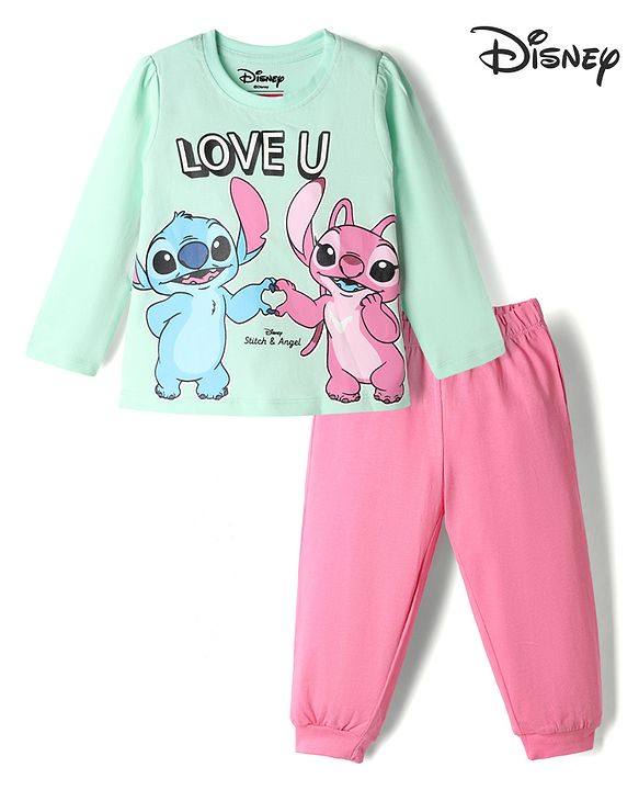 Babyhug Disney Single Jersey Knit Full Sleeves T-Shirt & Pyjama Night Suit With Stitch & Angel Graphic - Pink & Light Green