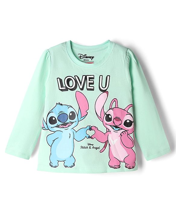 Babyhug Disney Single Jersey Knit Full Sleeves T-Shirt & Pyjama Night Suit With Stitch & Angel Graphic - Pink & Light Green