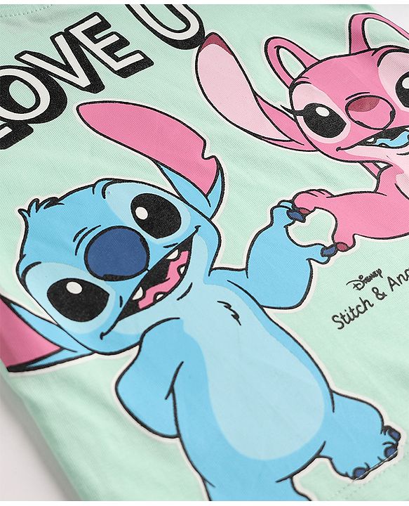 Babyhug Disney Single Jersey Knit Full Sleeves T-Shirt & Pyjama Night Suit With Stitch & Angel Graphic - Pink & Light Green