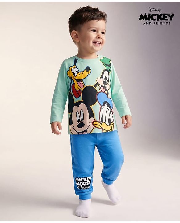 Babyhug Disney Single Jersey Knit Full Sleeves T-Shirt & Pyjama Night Suit with Mickey Mouse and Friends Graphics - Sea Green