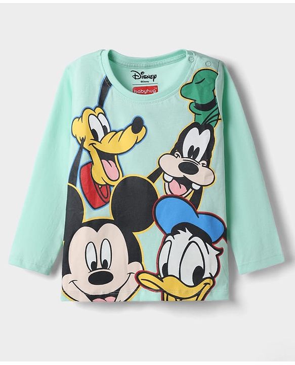 Babyhug Disney Single Jersey Knit Full Sleeves T-Shirt & Pyjama Night Suit with Mickey Mouse and Friends Graphics - Sea Green