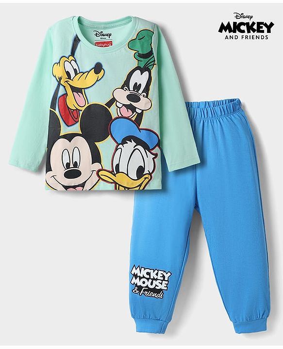 Babyhug Disney Single Jersey Knit Full Sleeves T-Shirt & Pyjama Night Suit with Mickey Mouse and Friends Graphics - Sea Green