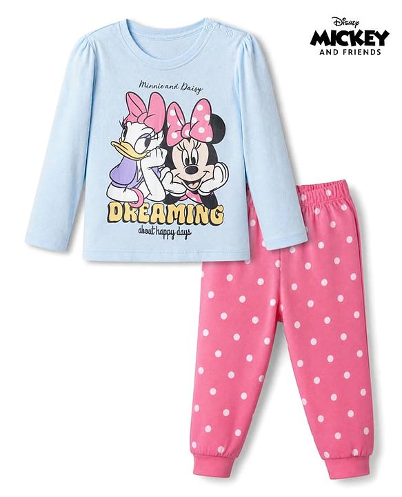 Babyhug Disney Single Jersey Knit Full Sleeves T-Shirt & Pyjama Night Suit with Minnie & Friends Graphics - Sky Blue