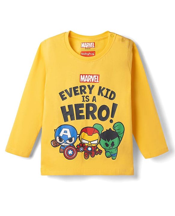 Babyhug Marvel Single Jersey Knit Full Sleeve T-shirt & Pyjama Night Suit With Avengers Graphic & Text Print - Yellow