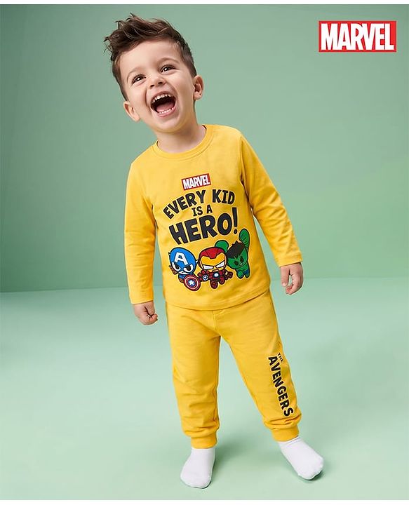 Babyhug Marvel Single Jersey Knit Full Sleeve T-shirt & Pyjama Night Suit With Avengers Graphic & Text Print - Yellow