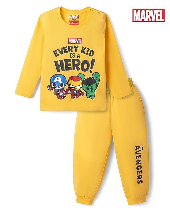 Babyhug Marvel Single Jersey Knit Full Sleeve T-shirt & Pyjama Night Suit With Avengers Graphic & Text Print - Yellow