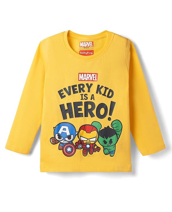 Babyhug Marvel Single Jersey Knit Full Sleeve T-shirt & Pyjama Night Suit With Avengers Graphic & Text Print - Yellow