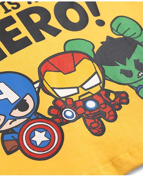 Babyhug Marvel Single Jersey Knit Full Sleeve T-shirt & Pyjama Night Suit With Avengers Graphic & Text Print - Yellow