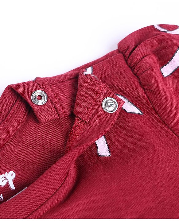 Babyhug Disney 100% Cotton Knit Frock with Full Sleeves and Minnie Mouse Print in Maroon for 6-9 Months