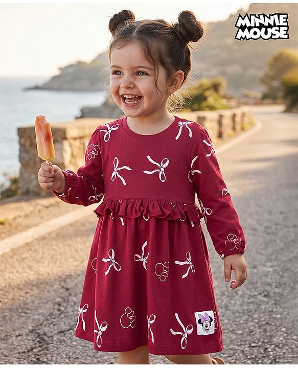 Babyhug Disney 100% Cotton Knit Frock with Full Sleeves and Minnie Mouse Print in Maroon for 6-9 Months