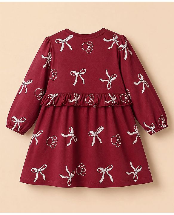 Babyhug Disney 100% Cotton Knit Frock with Full Sleeves and Minnie Mouse Print in Maroon for 6-9 Months