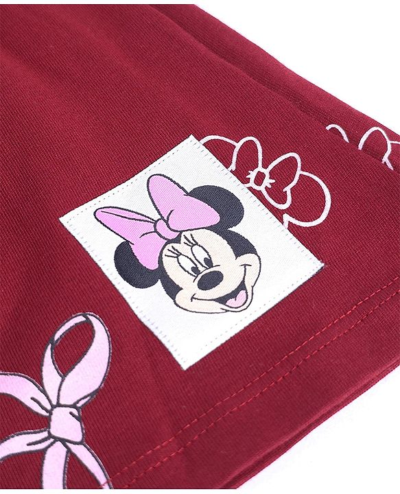 Babyhug Disney 100% Cotton Knit Frock with Full Sleeves and Minnie Mouse Print in Maroon for 6-9 Months