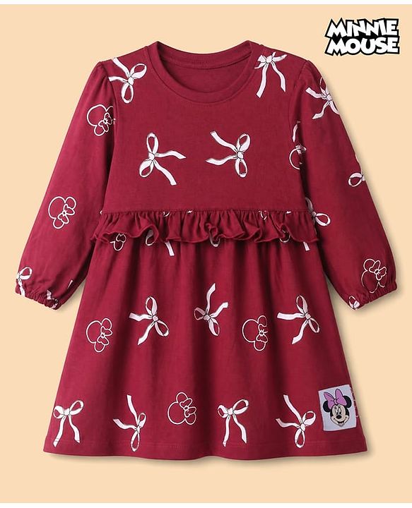 Babyhug Disney 100% Cotton Knit Frock with Full Sleeves and Minnie Mouse Print in Maroon for 6-9 Months