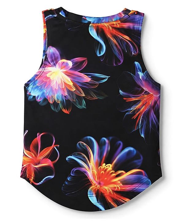 Pine Active Knit Sleeveless T-Shirt with University League & Floral Print - Black