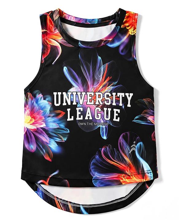 Pine Active Knit Sleeveless T-Shirt with University League & Floral Print - Black