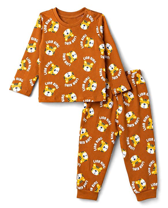 Babyhug 100% Cotton Knit Full Sleeves Co-Ords T-Shirt & Pyjama Night suit with Lion King Print - Brown