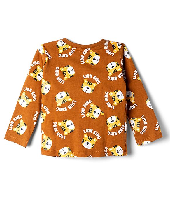 Babyhug 100% Cotton Knit Full Sleeves Co-Ords T-Shirt & Pyjama Night suit with Lion King Print - Brown