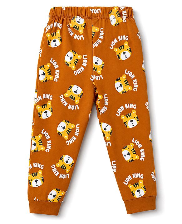 Babyhug 100% Cotton Knit Full Sleeves Co-Ords T-Shirt & Pyjama Night suit with Lion King Print - Brown