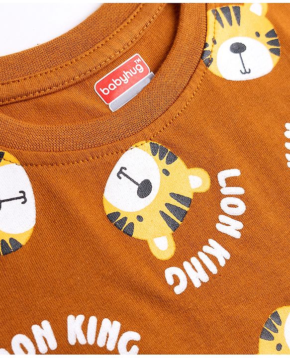 Babyhug 100% Cotton Knit Full Sleeves Co-Ords T-Shirt & Pyjama Night suit with Lion King Print - Brown