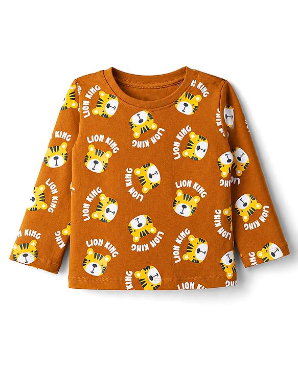 Babyhug 100% Cotton Knit Full Sleeves Co-Ords T-Shirt & Pyjama Night suit with Lion King Print - Brown