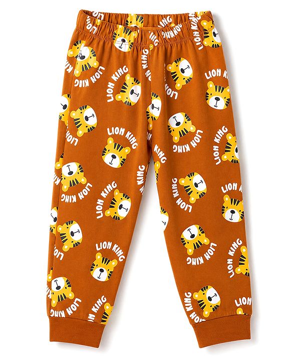 Babyhug 100% Cotton Knit Full Sleeves Co-Ords T-Shirt & Pyjama Night suit with Lion King Print - Brown