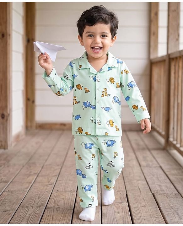 Babyhug Cotton Knit Full Sleeves Front Open Co-Ords Animals Printed Shirt & Pajama Night Suit - Sea Green