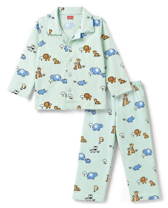 Babyhug Cotton Knit Full Sleeves Front Open Co-Ords Animals Printed Shirt & Pajama Night Suit - Sea Green