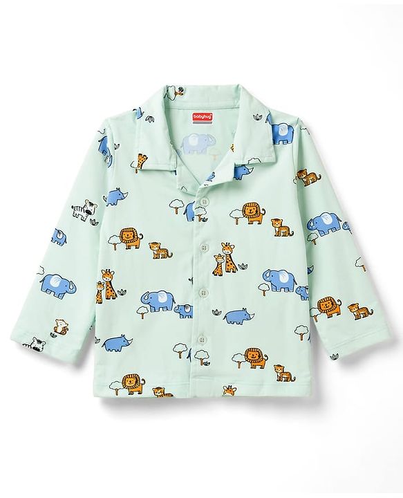 Babyhug Cotton Knit Full Sleeves Front Open Co-Ords Animals Printed Shirt & Pajama Night Suit - Sea Green