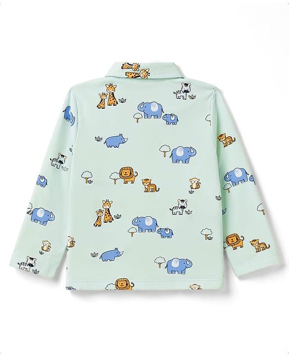 Babyhug Cotton Knit Full Sleeves Front Open Co-Ords Animals Printed Shirt & Pajama Night Suit - Sea Green