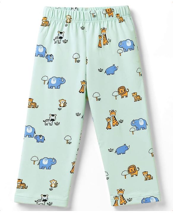 Babyhug Cotton Knit Full Sleeves Front Open Co-Ords Animals Printed Shirt & Pajama Night Suit - Sea Green