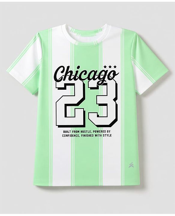 Pine Active Knit Half Sleeves T-Shirt with Stripes & Chicago 23 Print - Green